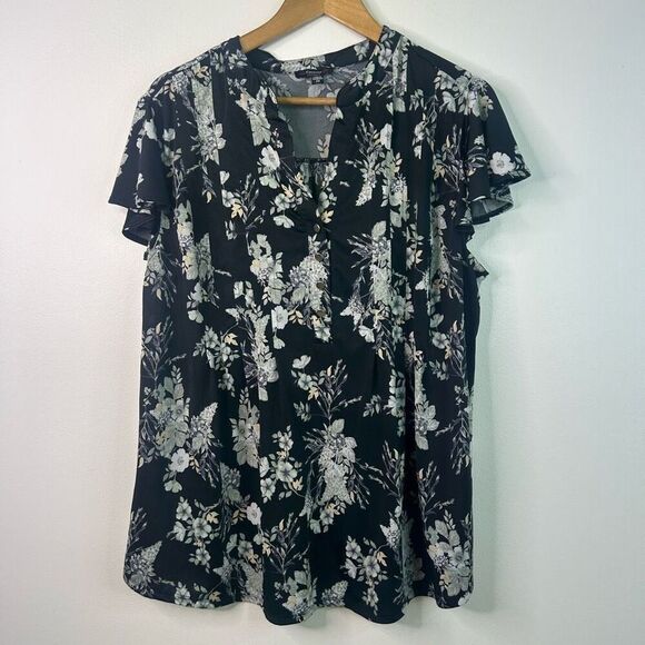 Cocomo Woman Black Floral Blouse 2X Button Front Ruffle Sleeve Lightweight Top - Picture 1 of 10